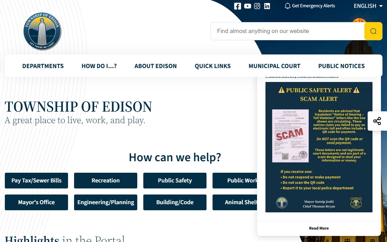 Official Edison Township website with police department and jail roster information