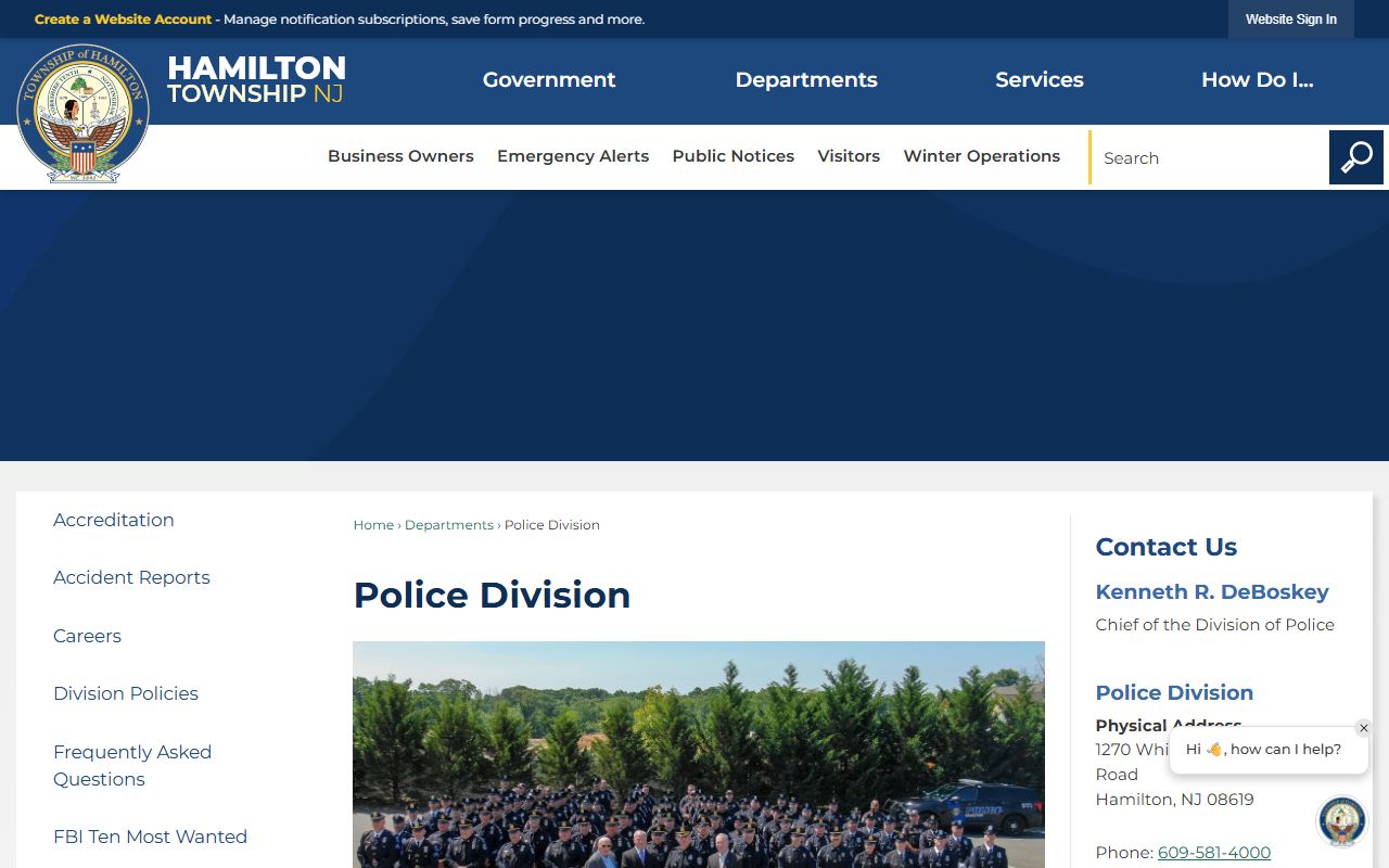 Hamilton Township Police Department page showing law enforcement services and jail roster related operations