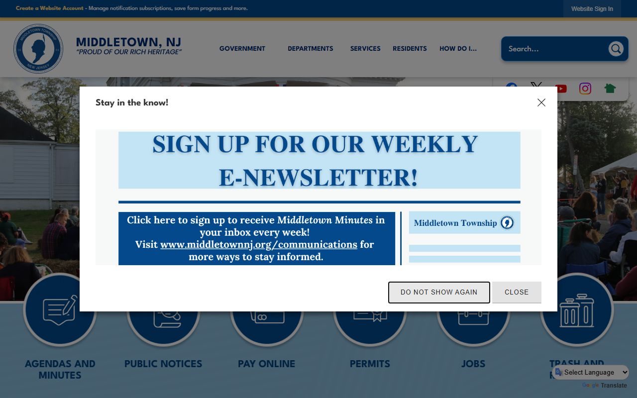 Official Middletown Township website showing police department and jail roster access