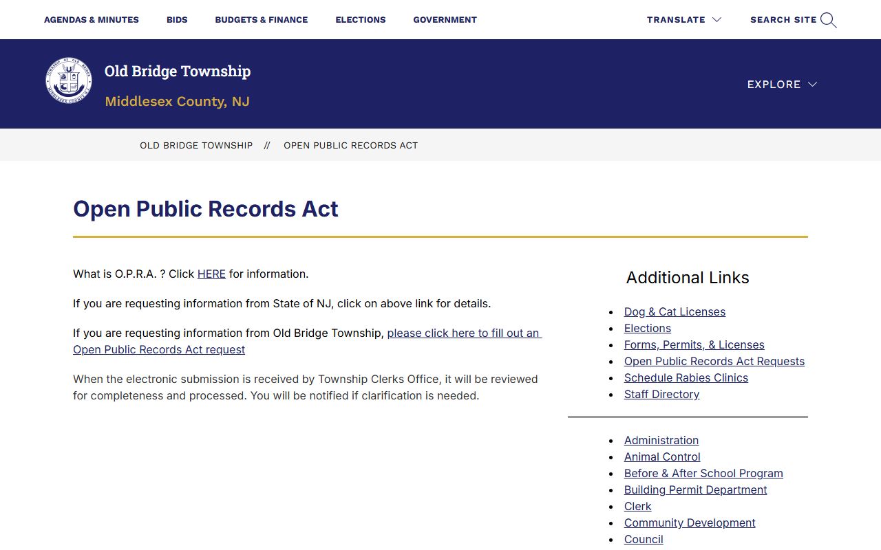 Old Bridge Township OPRA page for requesting jail roster and public records