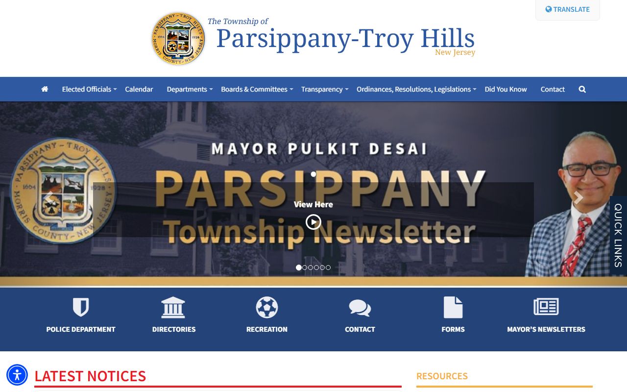 Official Parsippany-Troy Hills Township website with police department and jail roster information