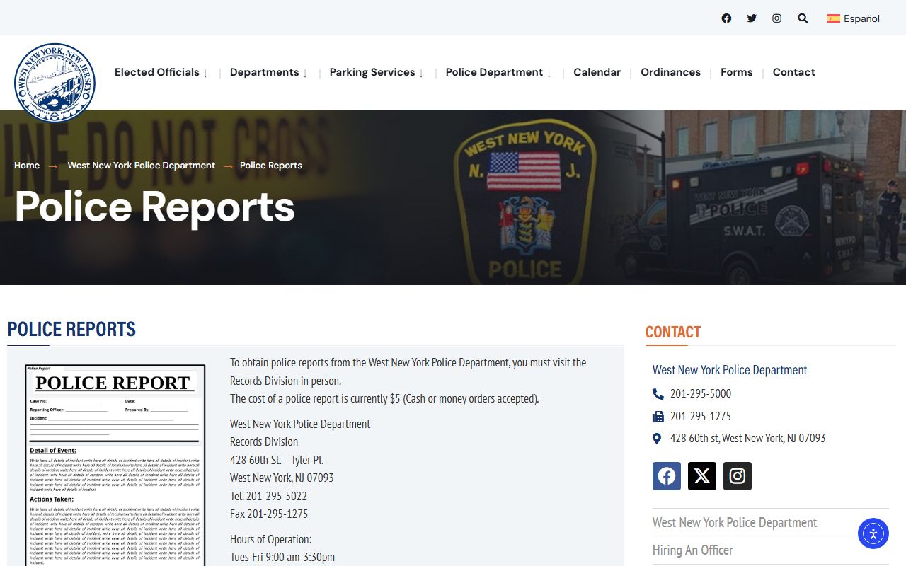 West New York Police Department page with contact details for jail roster inquiries
