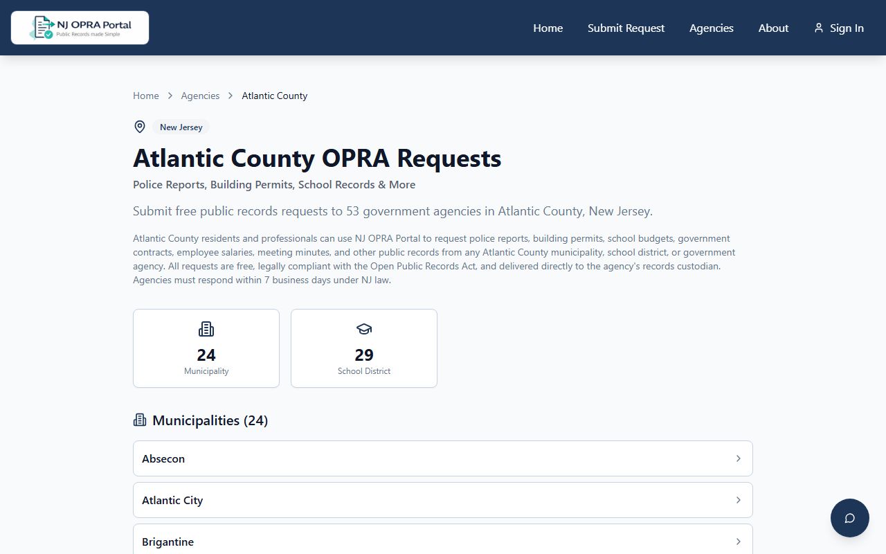 The NJ OPRA Portal page for Atlantic County public records requests