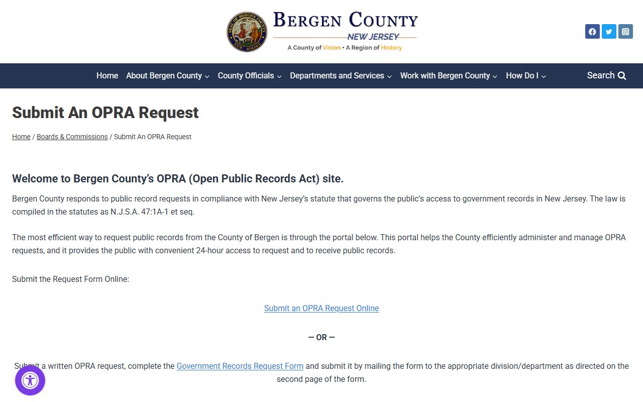 Bergen County OPRA request portal for accessing jail roster records