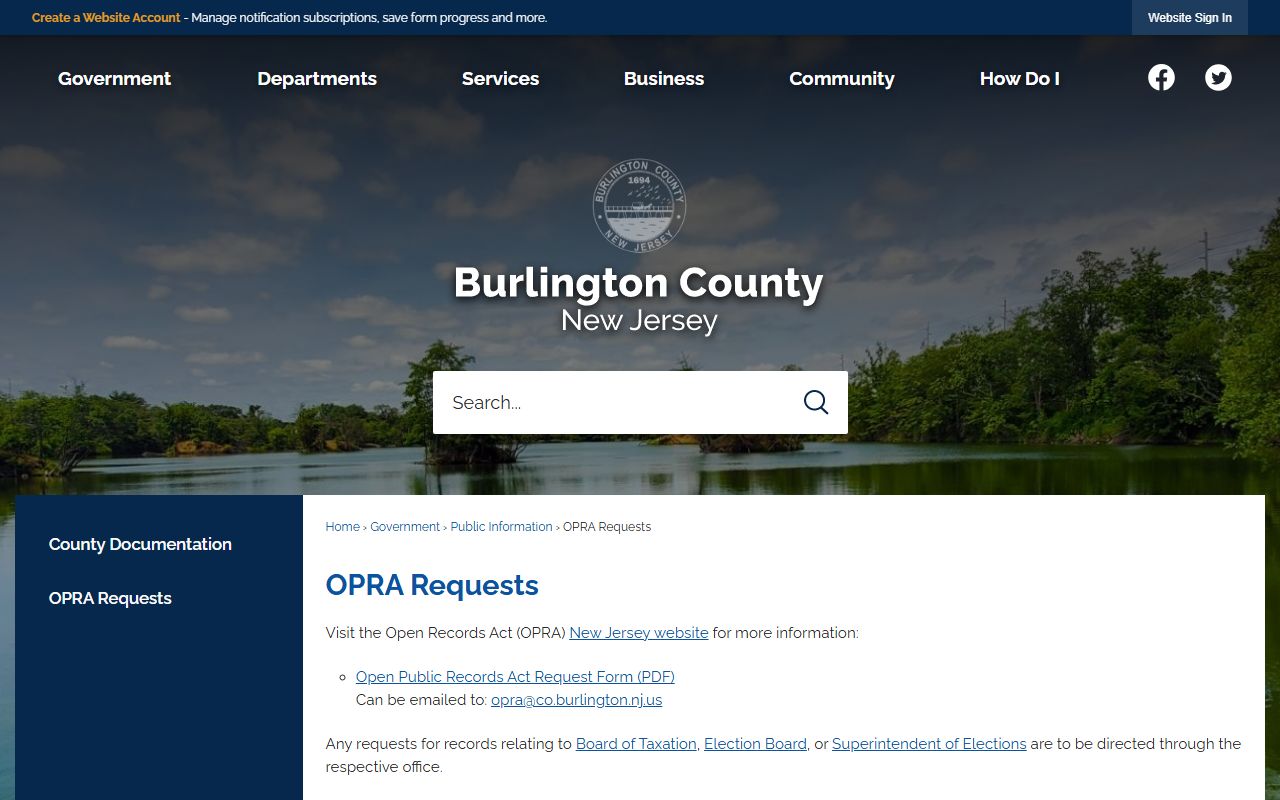 Burlington County OPRA request page for jail roster records