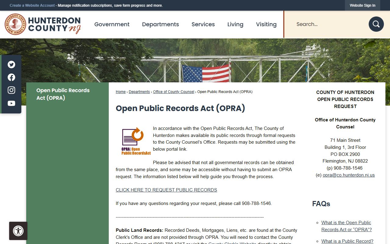 Hunterdon County OPRA request page for jail roster records