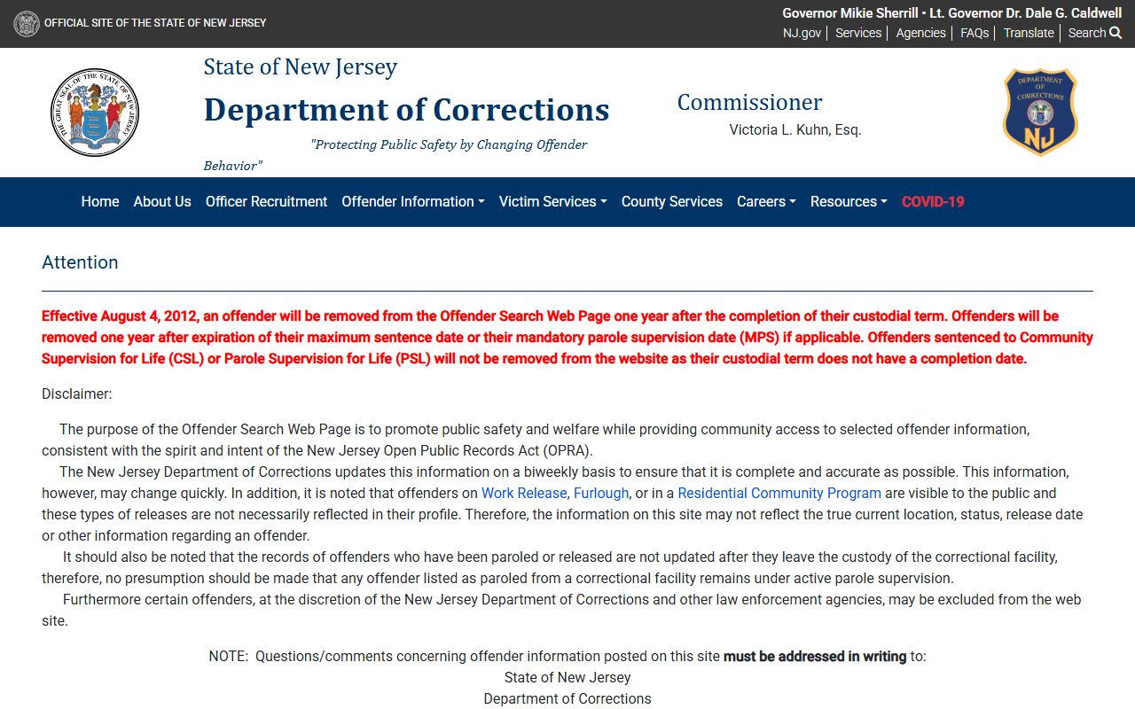 New Jersey NJDOC inmate search engine for jail roster records