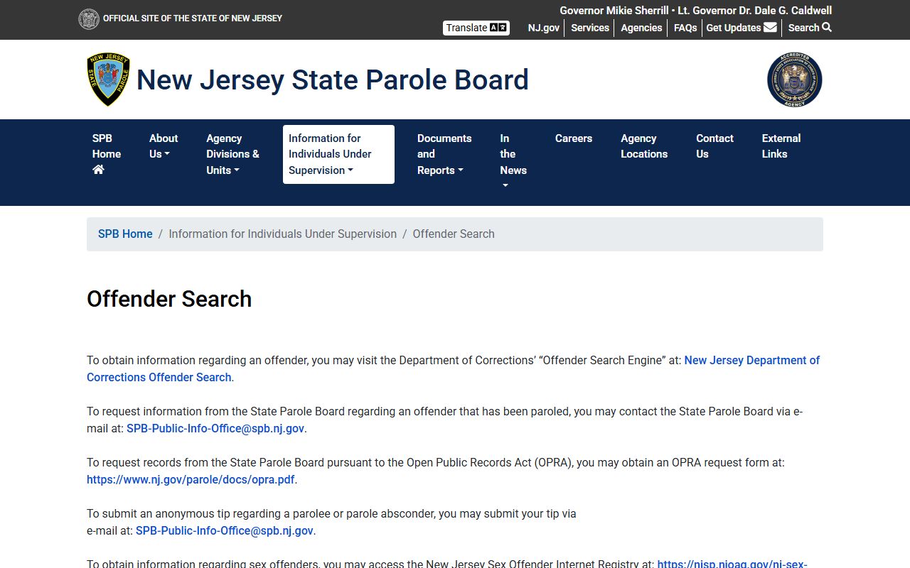 New Jersey State Parole Board offender search page