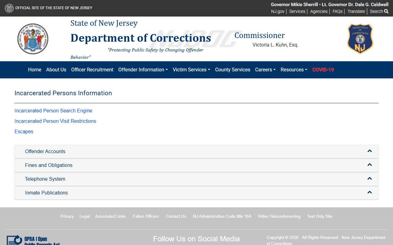 New Jersey Department of Corrections inmate search page